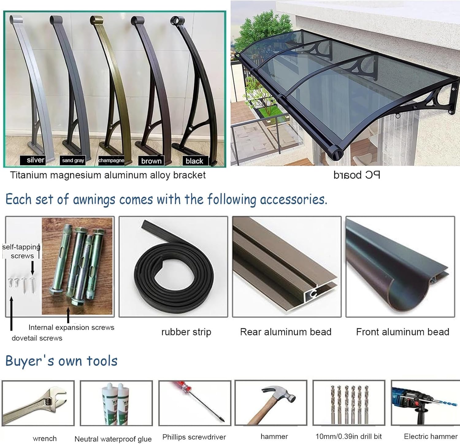 Outdoor Doors Window Awning, Exterior Awning with Gutter, Polycarbonate with Aluminum Alloy Bracket, Porch/Patio/Deck Front Door Overhang, Hollow Sheet UV/Rain(Blue,60x100cm/24 x39)