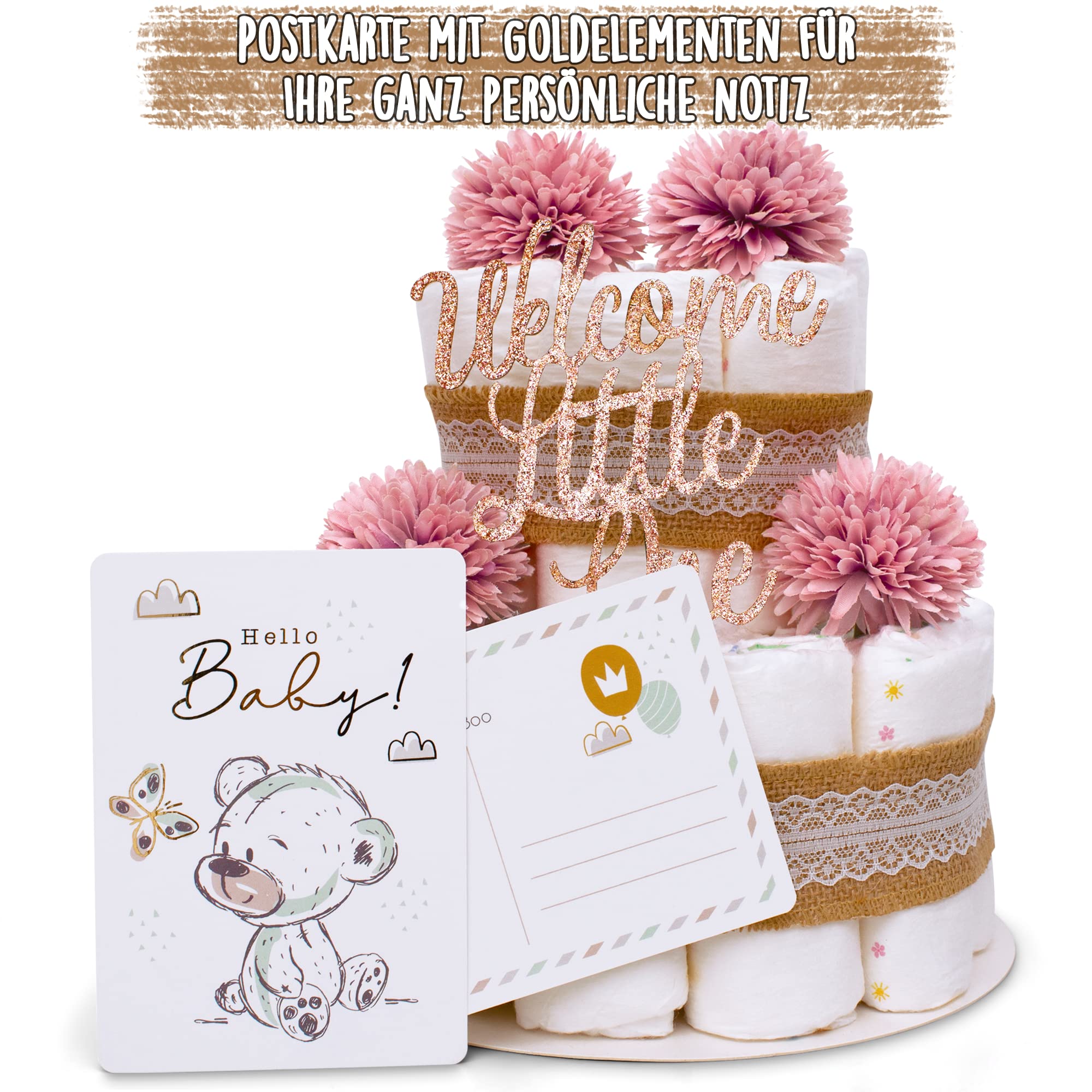 MilaBoo® - Torta di pannolini vintage per bambino, in stile boho, regalo per nascita o battesimo