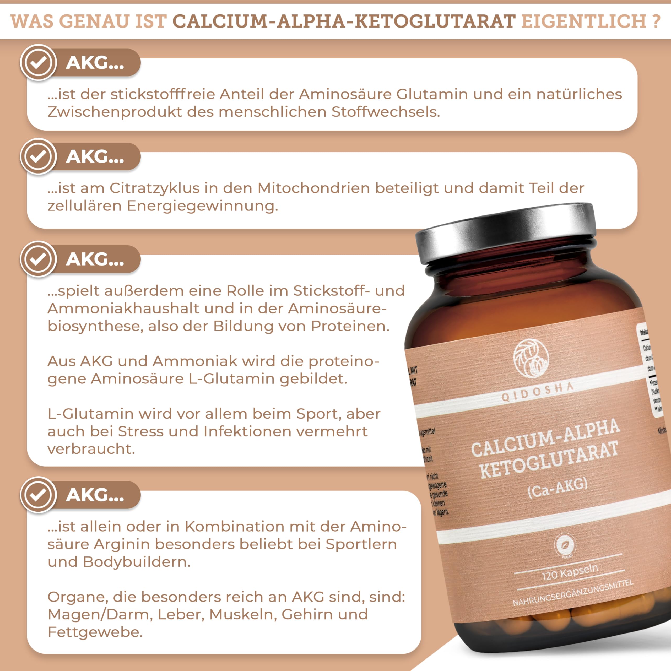 QIDOSHA® Calcium-Alpha-Ketoglutarat Ca-AKG, 120 Kapseln im Apothekerglas, deutsche Fertigung, jede Charge laborgeprüft