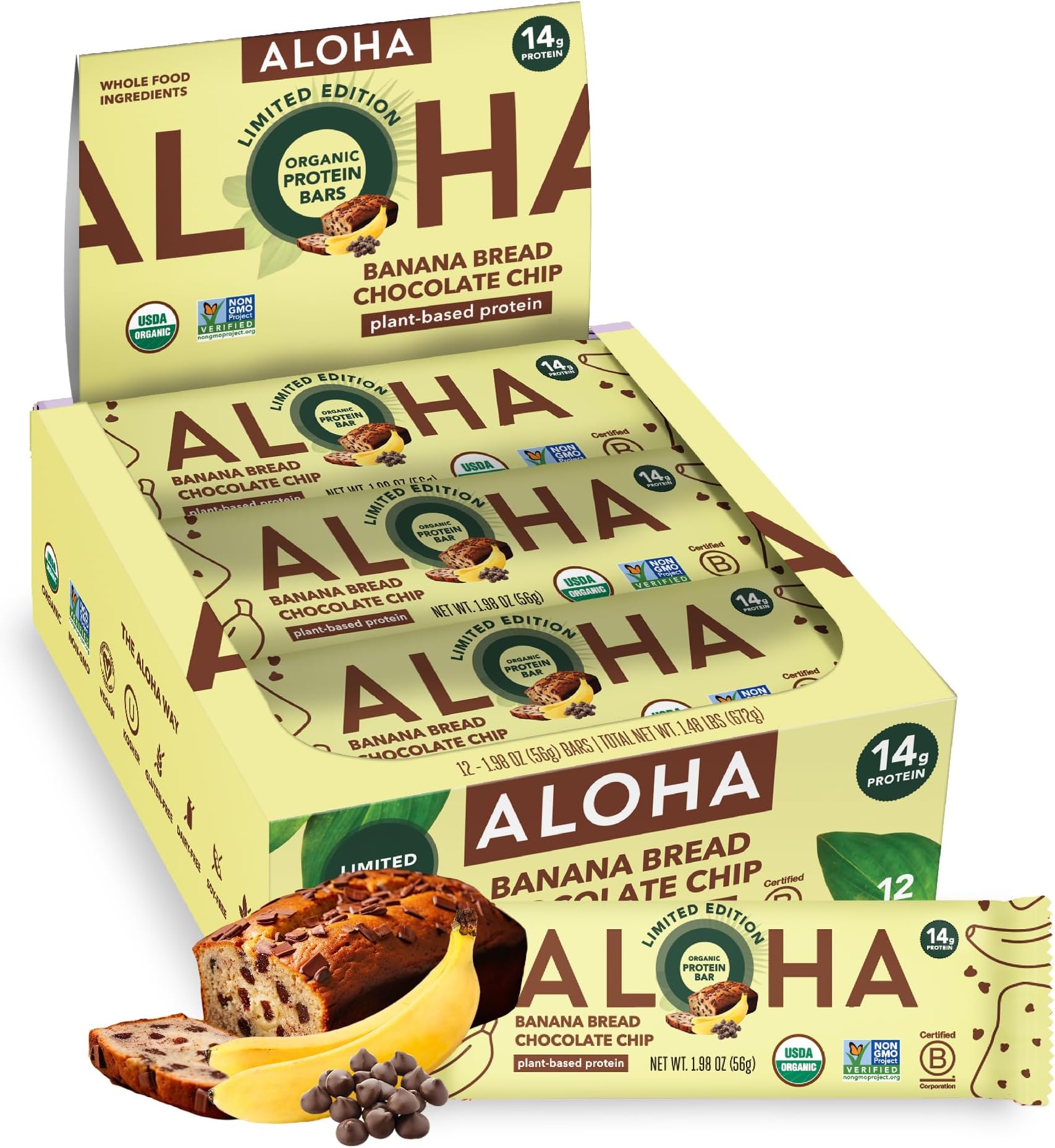 ALOHA Organic Plant Based Protein Bars - Banana Bread Chocolate Chip - 12 Count, 1.9oz Bars - Vegan Snacks, Low Sugar, Gluten-Free, Low Carb, Paleo, Non-GMO, Stevia-Free, No Sugar Alcohols