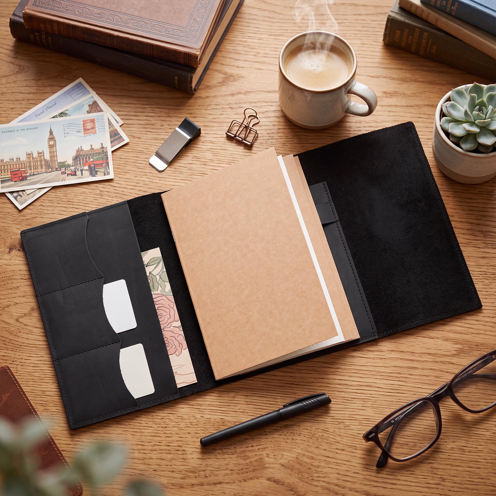 Carnet de voyage rechargeable en cuir véritable, noir, A5