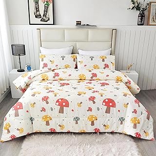 SDIII 3PCS Cute Mushroom Comforter Set Queen, Soft Microfiber Lightweight Mushroom Bedding Set Queen, Cottagecore Comforter for Boys Girls Kids Teens
