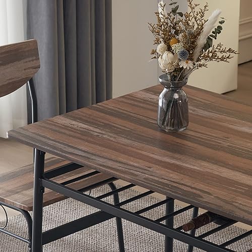 Miniatura 3 de Moderno juego de comedor de 6 piezas con estantes de almacenamiento, marco de acero, mesa rectangular, banco, 4 sillas (café)