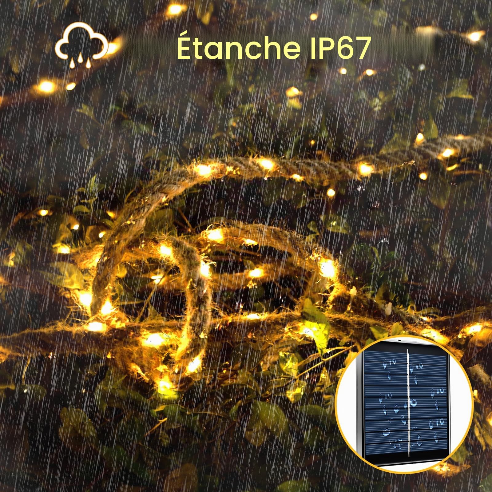 Guirlande lumineuse solaire de 10M avec 200 LED, guirlande lumineuse en corde de chanvre solaire avec 8 modes d'éclairage, réglage de la luminosité et minuteur, étanche pour jardin, terrasse