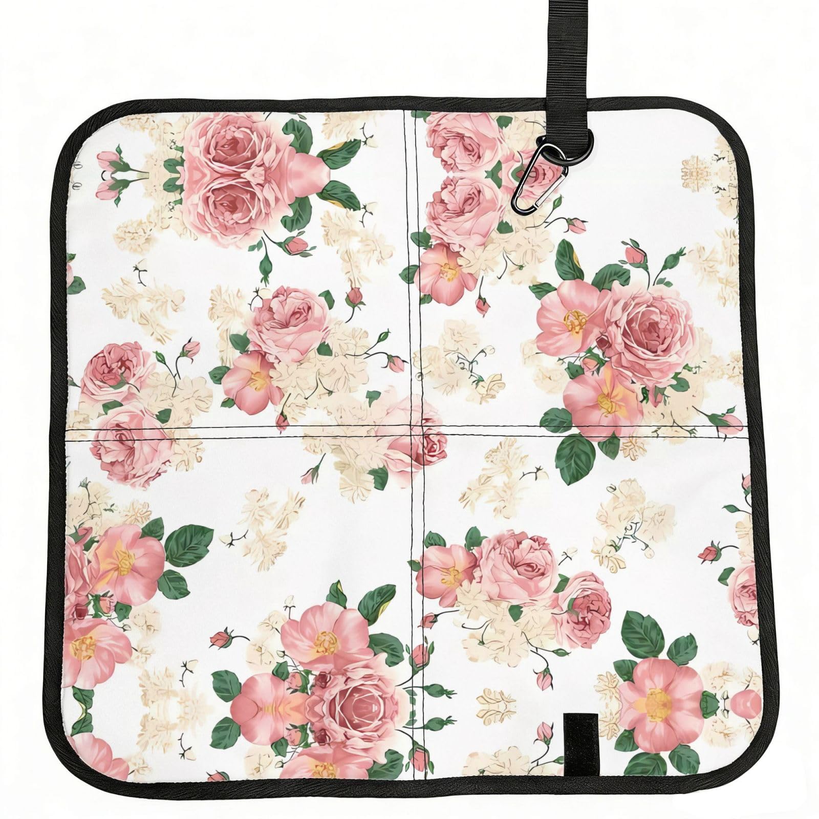 WBQLSL Pink Rose Flower with Leaves Foldable Seat Cushion - Portable Stadium Pad with Carabiner for Camping Hiking Picnic Beach