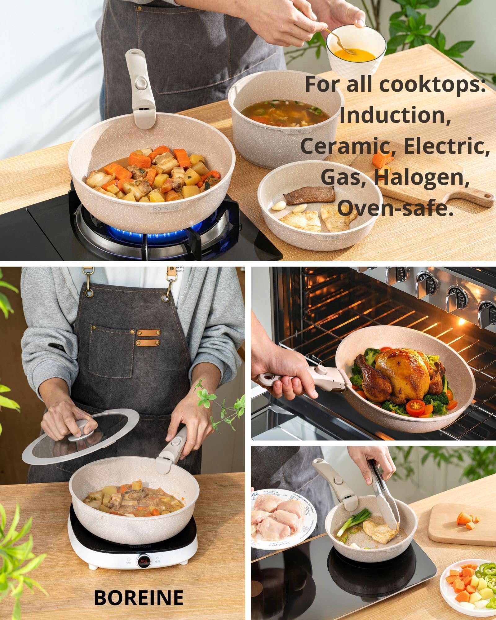 BOREINE Set di Pentole e Padelle 14 Pezzi, Batteria Pentole Antiaderente Senza PFOA e PTFE, Manico Removibile, Compatibile Induzione, Gas, Forno e Tutti i Piani Cottura, Marrone