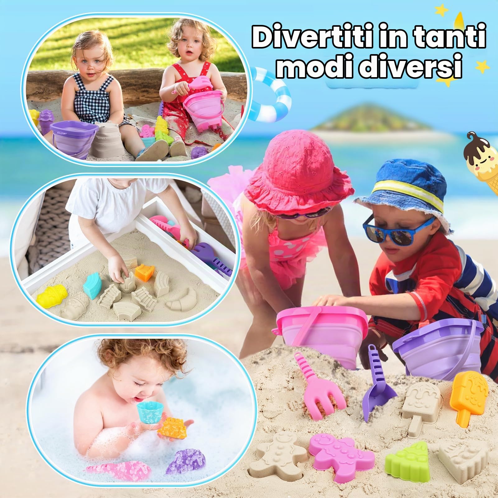 Joyreal 49 Pezzi Gioco Spiaggia Gelato &ndash; Con Secchiello Pieghevole, Paletta, Stampi Per Coni E Torte &ndash; Borsa Rete Inclusa &ndash; Regalo Estivo Per Bambini