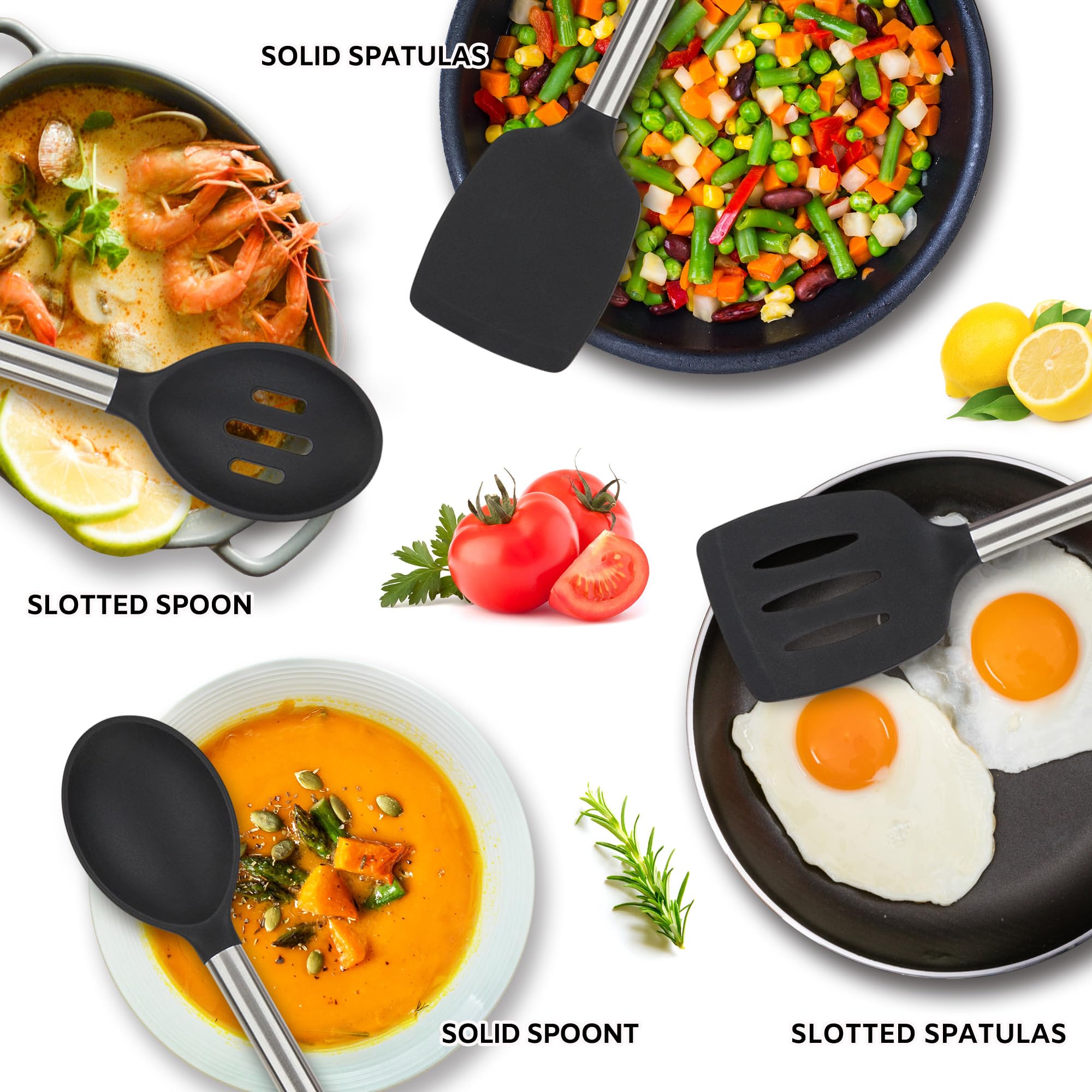 Set di 4 utensili da cucina, set per pentole antiaderenti, perfetti per cuocere e mescolare, set di spatole senza BPA, lavabili in lavastoviglie, nero
