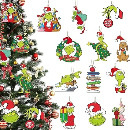 HASTHIP 24 Pcs Grinch Christmas Tree Decoration Items Wooden Cute Funny Grinch Hanging Christmas Decorations Grinch Christmas Ornaments for Xmas Tree, Christmas Decor, Home, Party