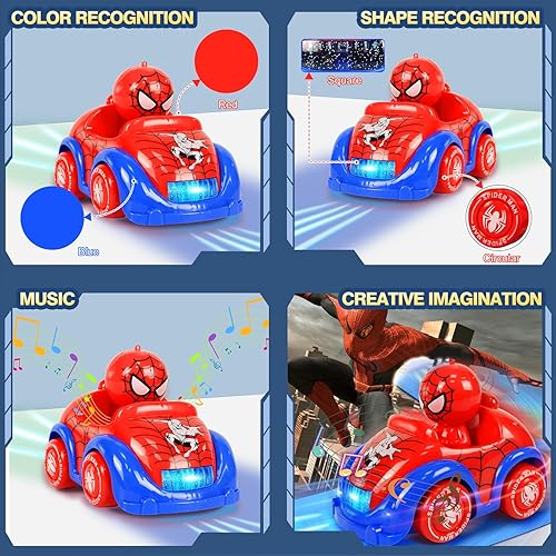 Miniatura 5 de Paquete de 2 autos eléctricos de aventura de superhéroes araña para niños de 3 a 8 años  Vehículos inteligentes con iluminación musical  Rotación de