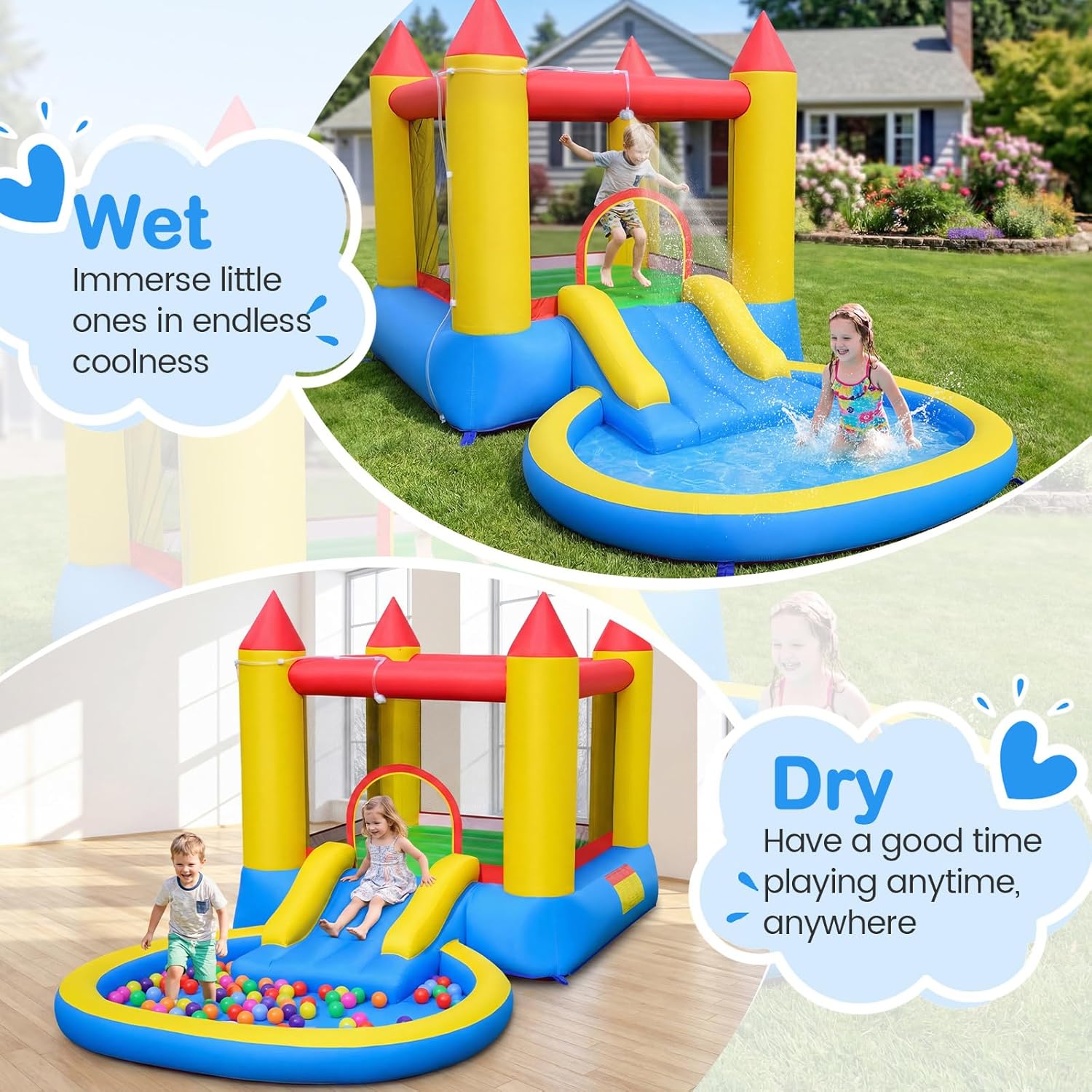 Costzon Inflatable Water Slide Bounce House with Ball Pit & Splash Pool, Bouncy Jump Castle for Kids Backyard Fun with 480w Blower, Blow up Water Slides Inflatables for Kids Outdoor Party Gifts