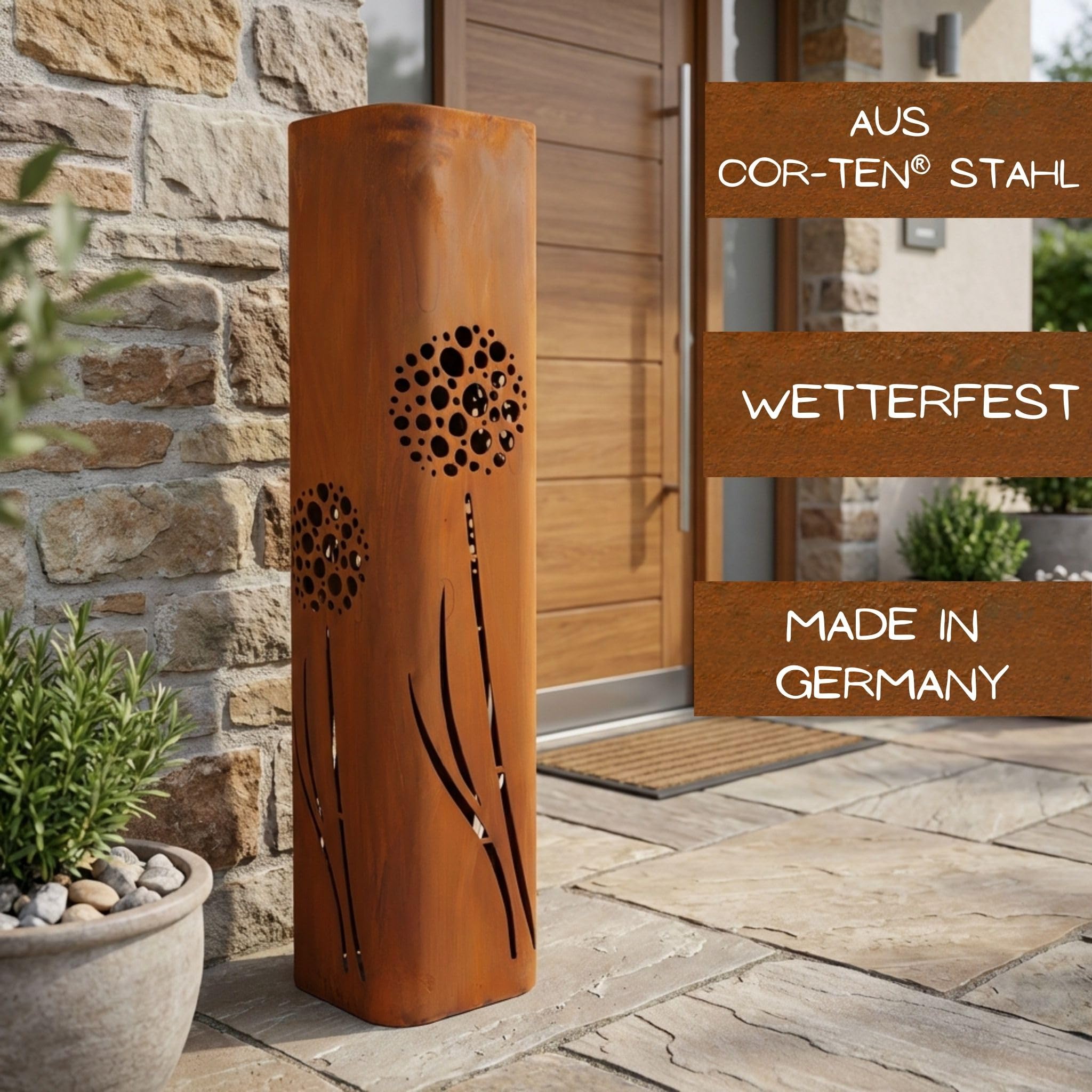 Rostikal Cortenstahl Gartensäule Pusteblume 80 cm Edelrost Gartendeko Rost | Rostsäule, Blumensäule und Dekosäule - Rostdeko Gartenskulptur, witterungsbeständig für draußen