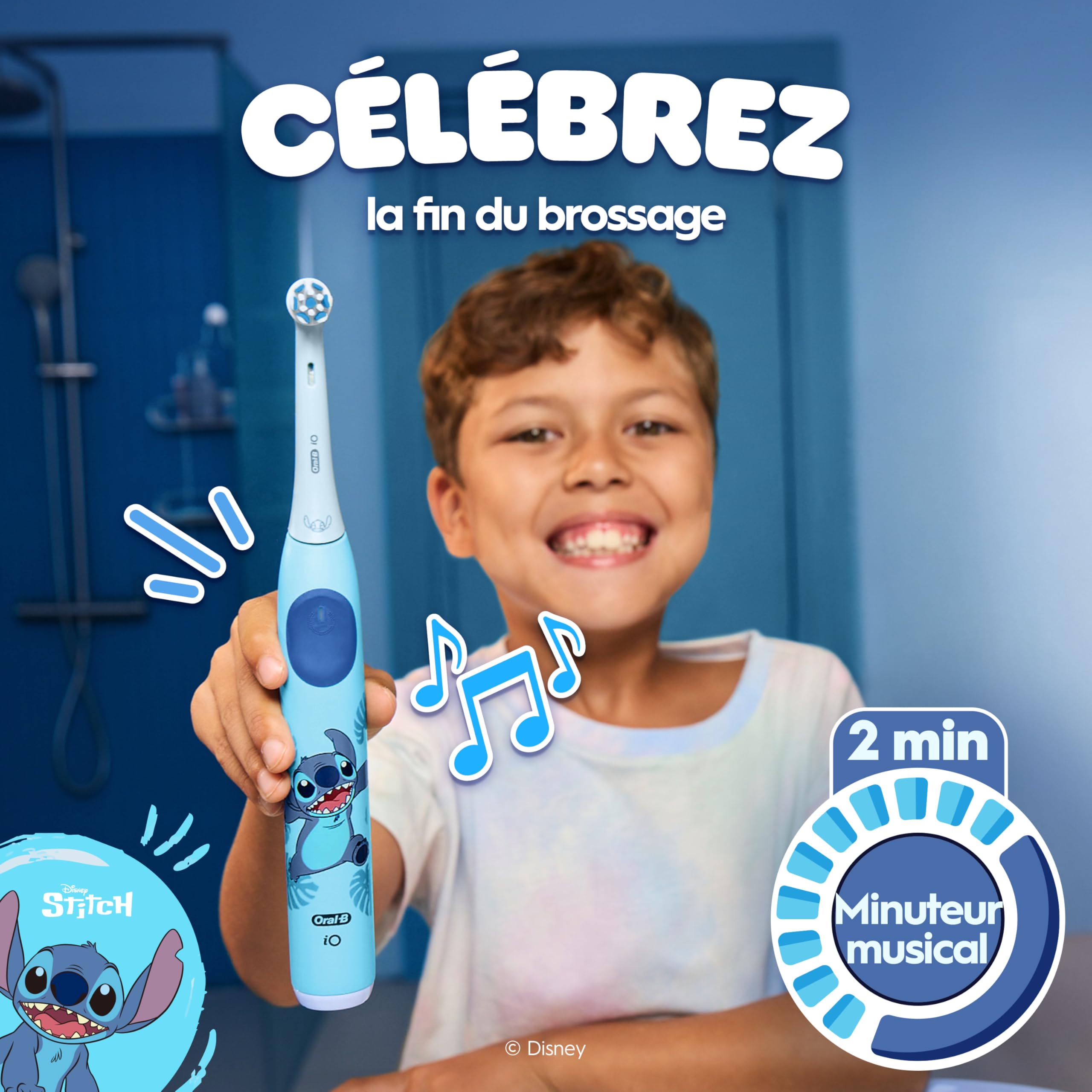 Oral-B Brosse à Dents Electrique iO Kids, Brossette, Version Stitch, Bleue – 3 Modes de Brossage en Douceur pour Enfants de 6 Ans, Minuteur Musical, Embout Rond de Rechange, Etui, en Carton