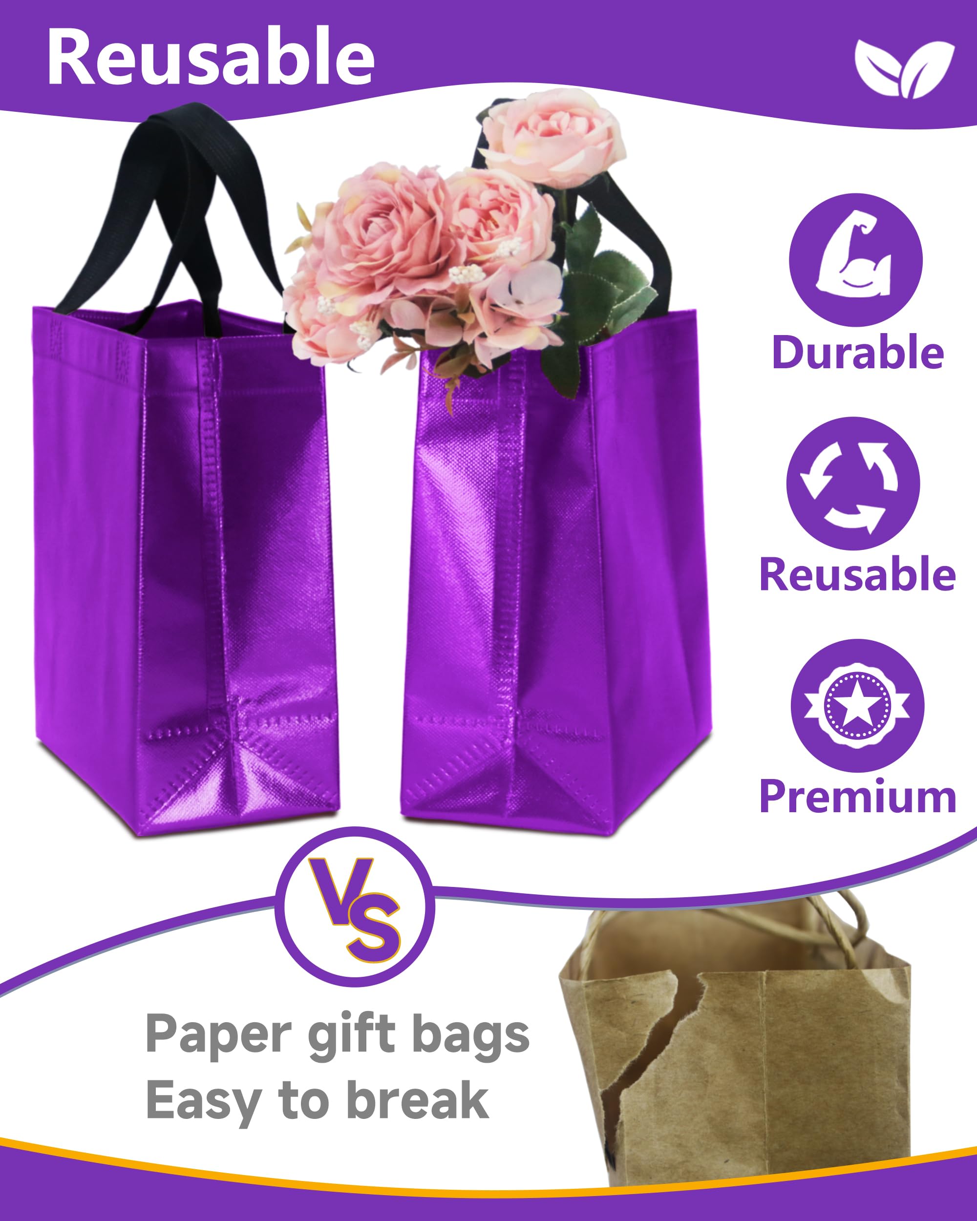 12 Purple Gift Bags with Tissues - Medium Sturdy Reusable Metallic Non-Woven 8x4x10 for Easter, Mother's Day, Graduations, Weddings & Birthdays