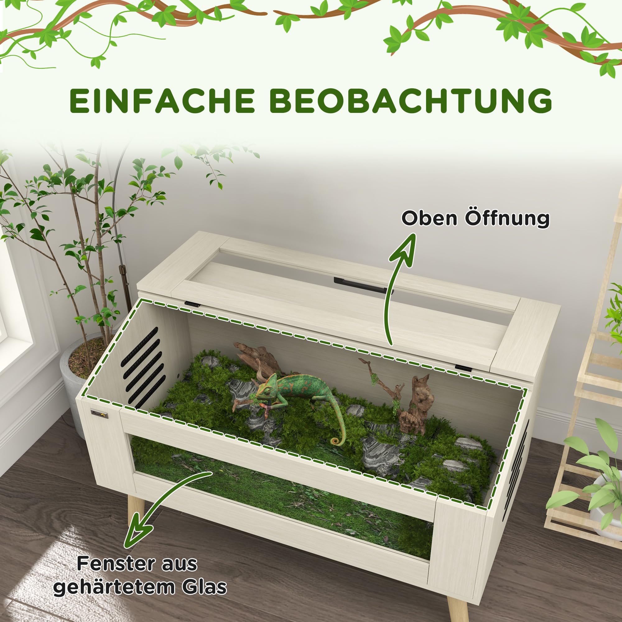 PawHut Terrarium für Reptilien, 100 x 50 x 60 cm 140L Reptil Fütterungsbox mit gehärteten Glasfenstern, aufklappbar Deckel, Beine, Aufzuchtbox für Amphibien, Spinne, Eiche