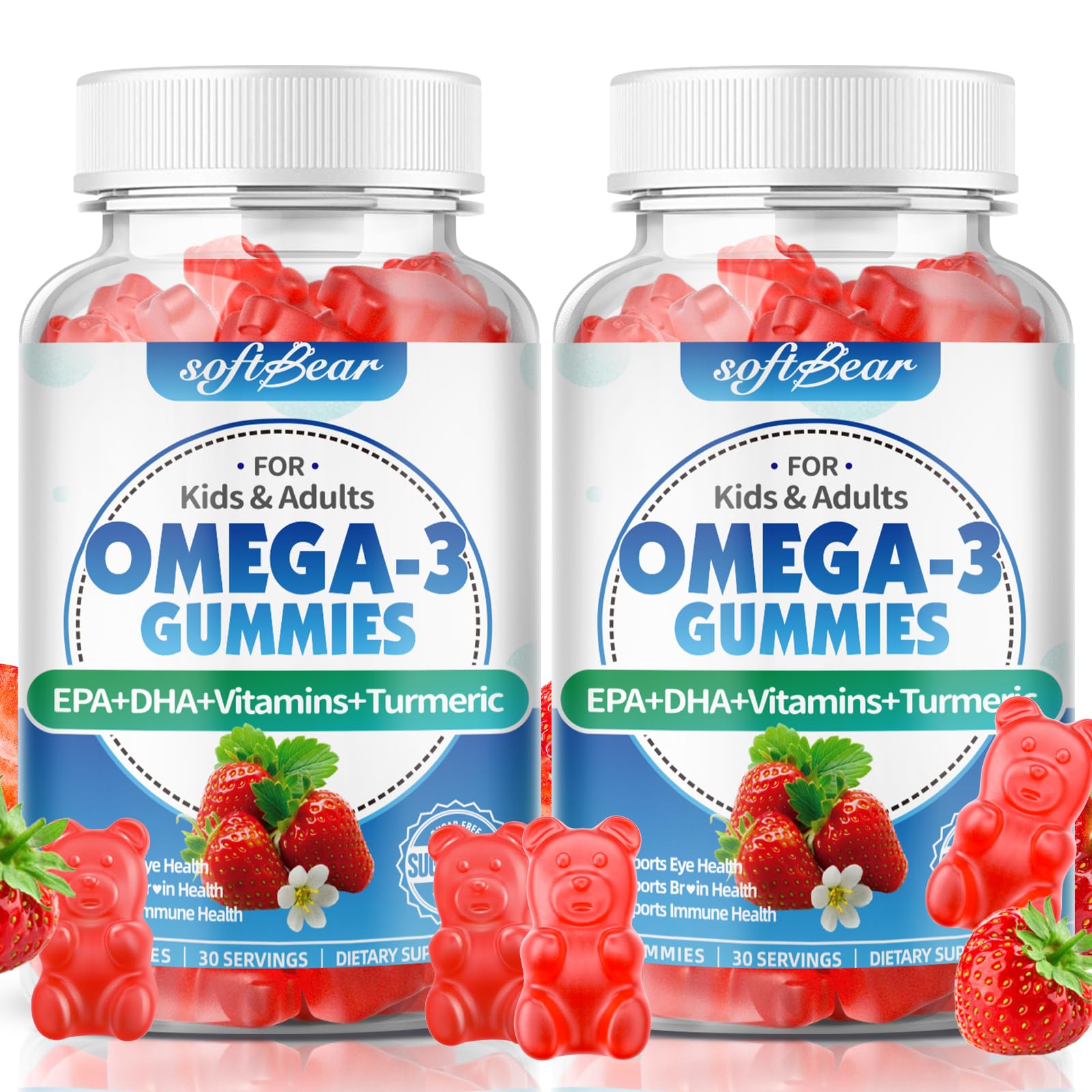 softbear Omega 3 Gummies for Women & Men & Kids Omega 3 Supplements 1200mg Vegan Omega 3 Fatty Acids DHA EPA with Vitamins Support Eye & Brain Health, Sugar Free, Strawberry Flavor 120 Count Strawberry 60 Count (Pack of 2)