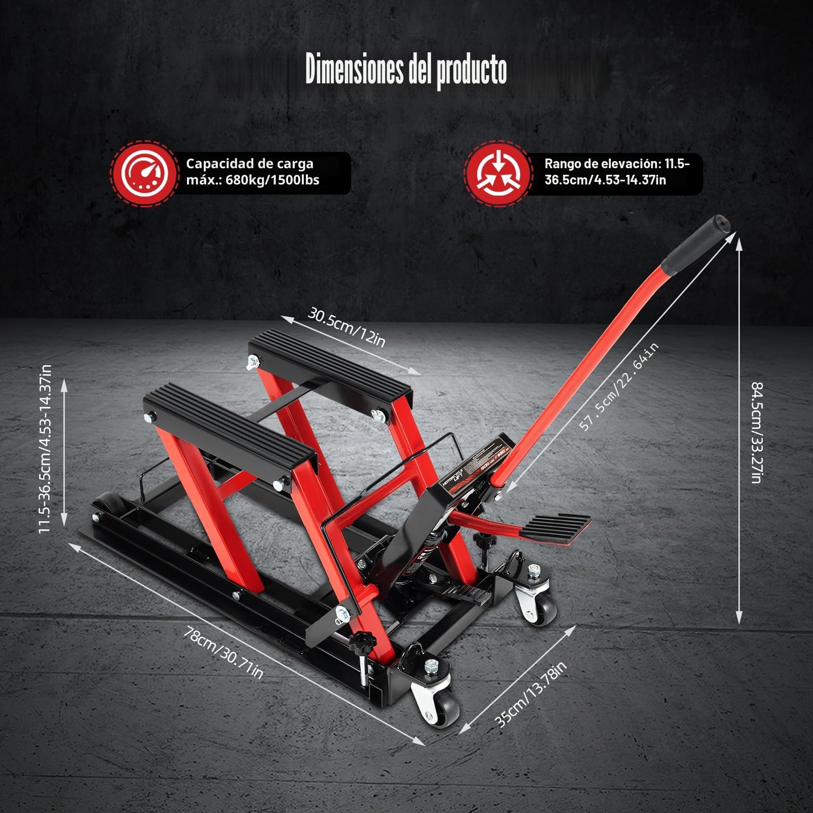 elevador de motos 680 kg, plataforma elevadora de motocicleta, plataforma elevadora de montaje con ruedas y asa, elevador hidráulico de motocicleta para motocicletas de carretera, motocicletas