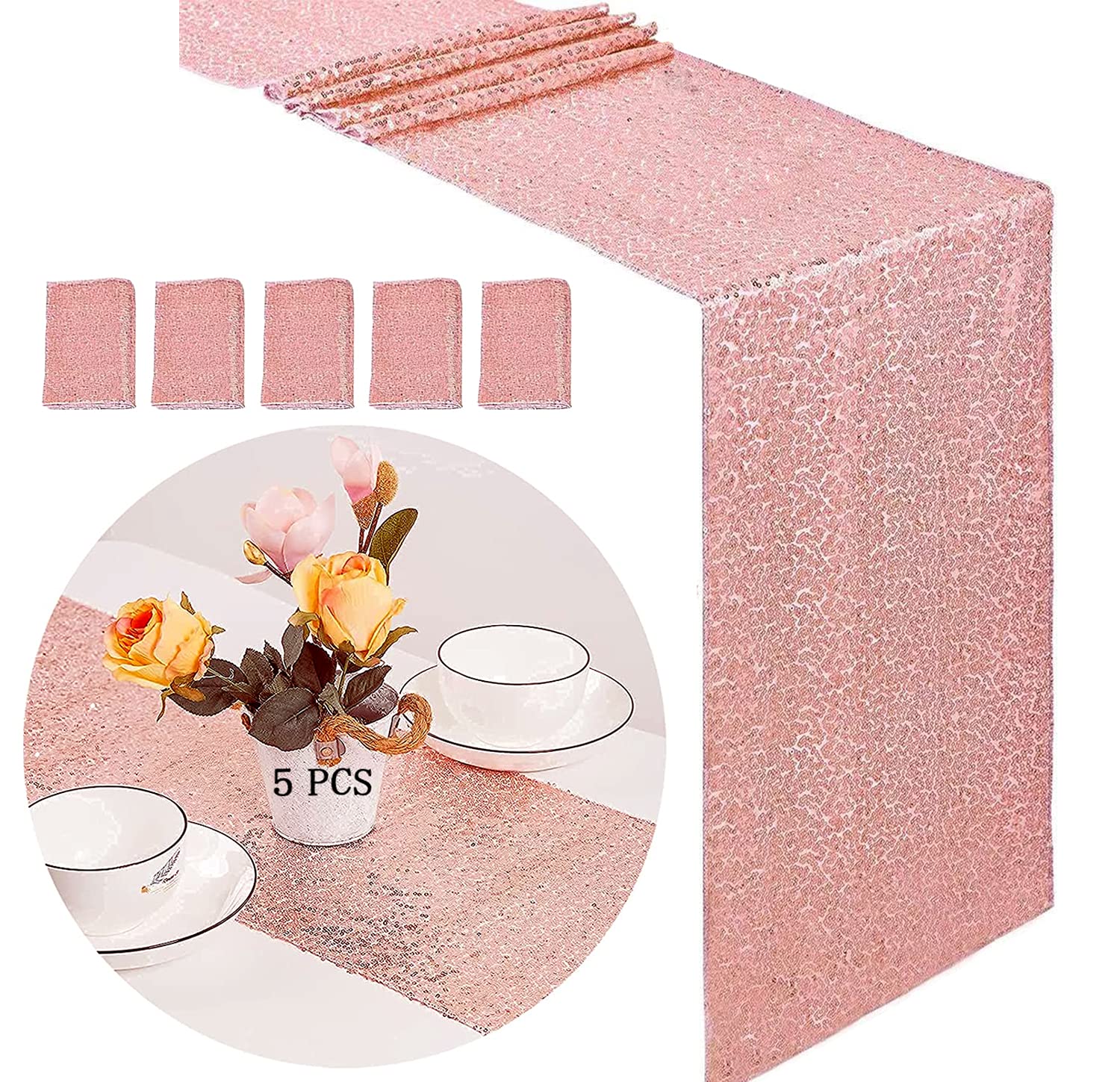 Z-BRAND Rose Gold Sequin Table Runners, 5 Pcs 12x72 Inch Glitter Table Runner Dining Table Runner for Party, Wedding, Birthday, Gold Table Runner