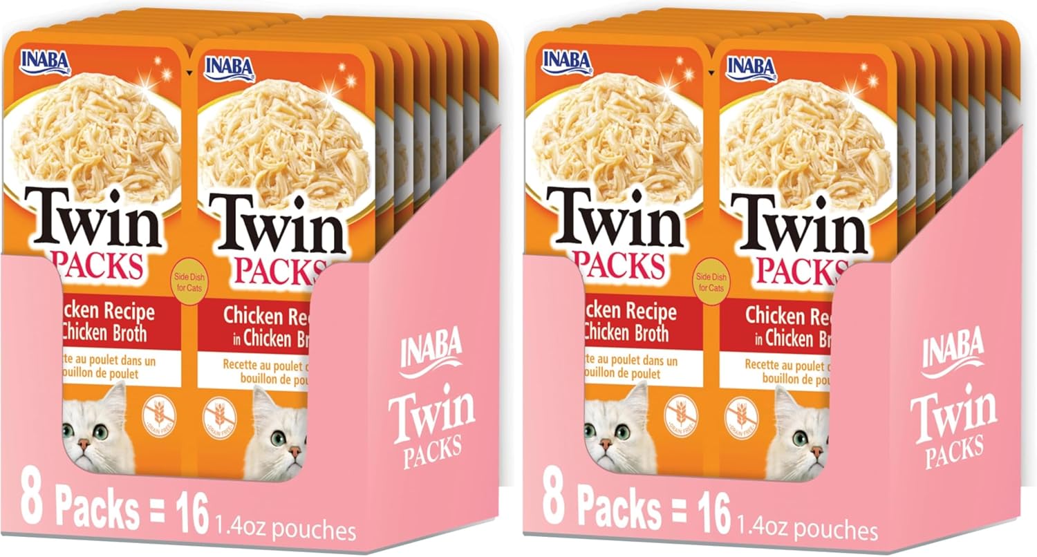 INABA Twin Packs for Cats, Side Dish/Topper Pouch, 1.4 Ounces per Serving, 16 Servings, Chicken Recipe in Chicken Broth (Pack of 2)