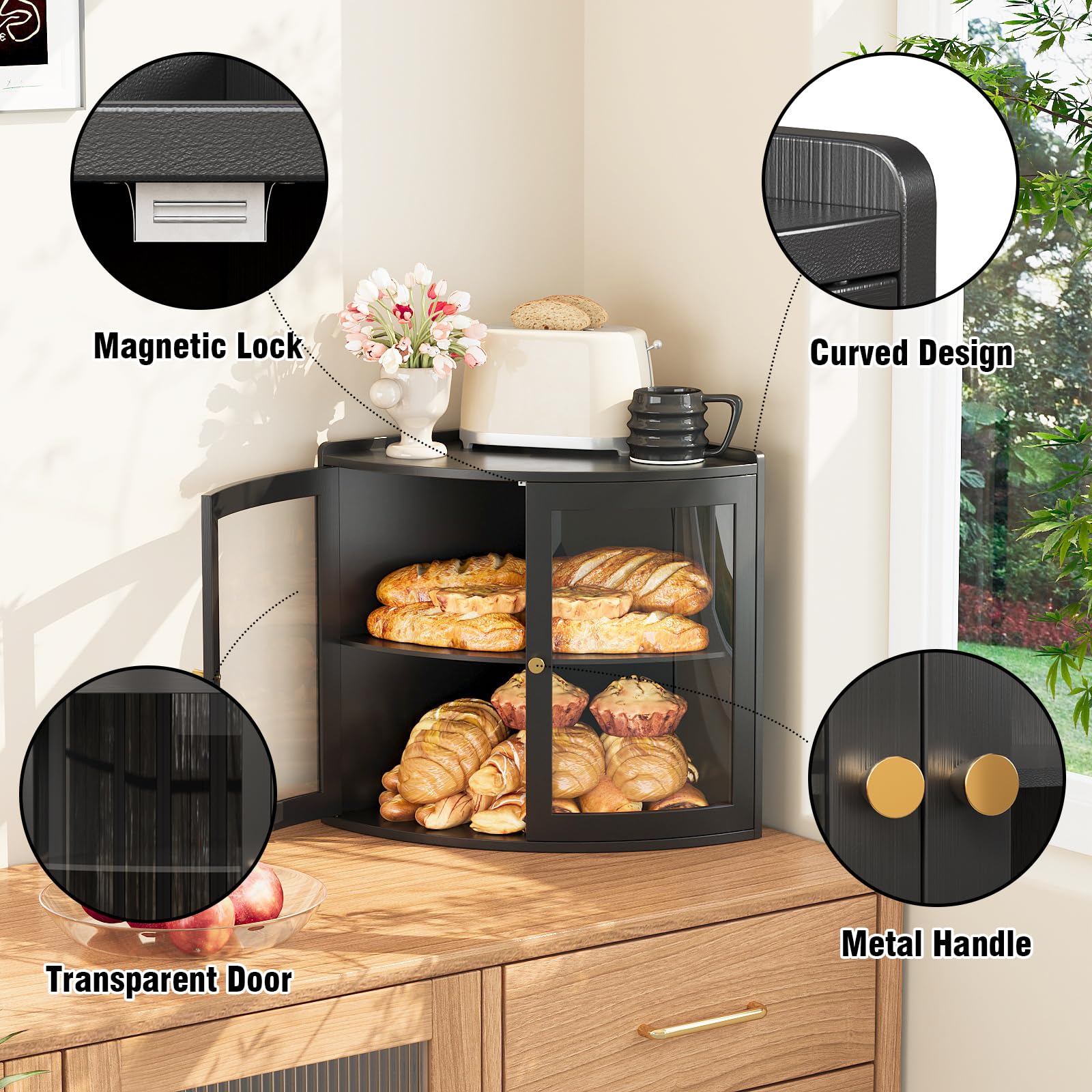 VEDECASA Bambus-Eck-Brotkasten für Küchentheke, 2-lagig, große Kapazität, Brotkasten mit transparenter Acryltür, platzsparende Arbeitsplatte, Brotaufbewahrung für hausgemachtes Brot, schwarz, 31 x 31