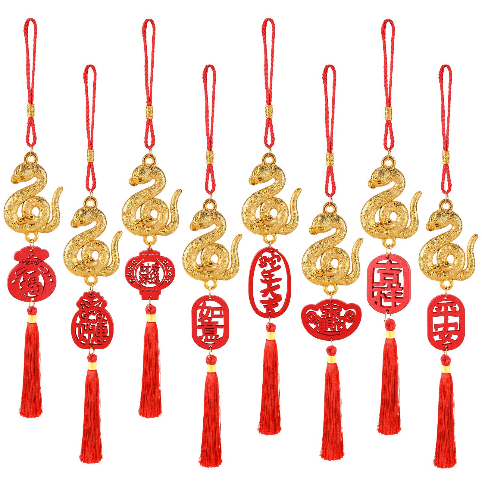 8 Pcs Chinese New Year Decor Decorations Lunar New Year 2025 Red Tassel Ornaments with Wealth Success Good Luck Hanging Decorations for Gifts Home Car Decor
