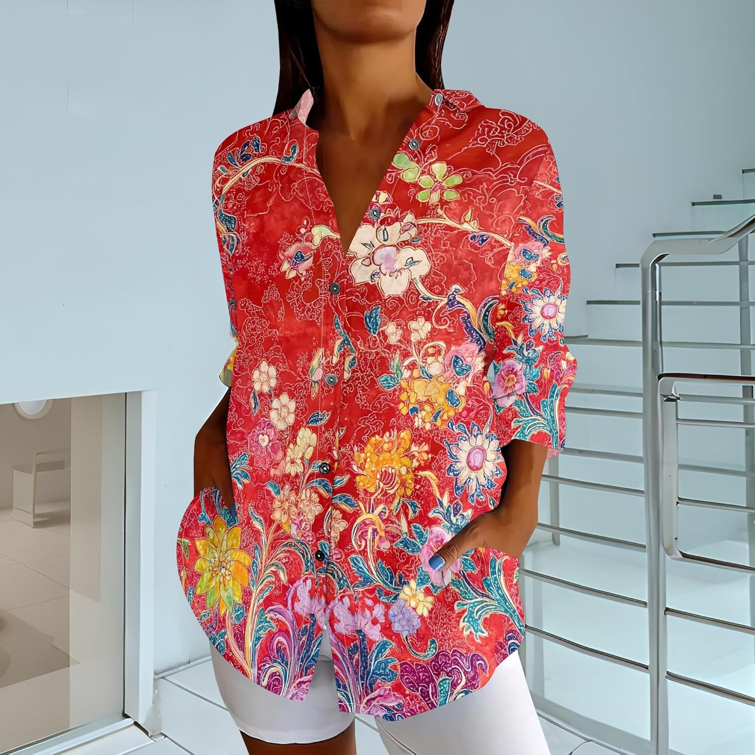 Women Graphic T Shirt Floral Print V Neck Rolled Up Three-Quarter Sleeves Button Down Tee 100% Cotton Blouses - Image 3