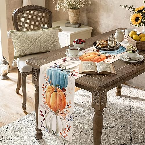 Miniatura 5 de Camino de mesa de otoño de Acción de Gracias, calabazas de otoño, acuarela, hojas de eucalipto, mantel de lino de algodón, decoración de mesa de