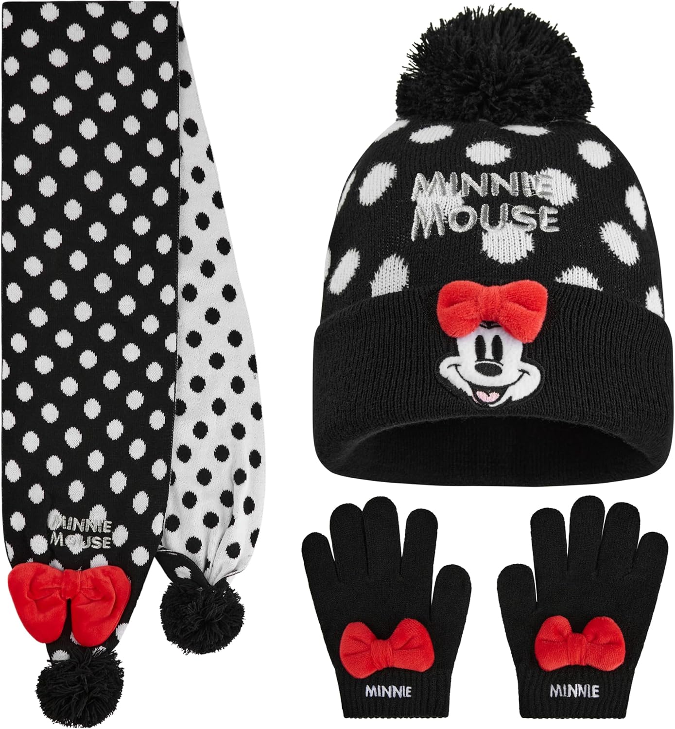 Disney Minnie Mouse Girls Scarf Beanie and Gloves Set, Soft Knit Hat Warm Matching Accessories for Kids, Winter Knit Set, Gifts for Girls