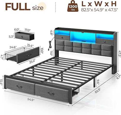 Miniatura 3 de Rolanstar - Base de cama tamaño matrimonial con cajones y estación de carga, cabecera de almacenamiento tapizada y luz LED, soporte de metal