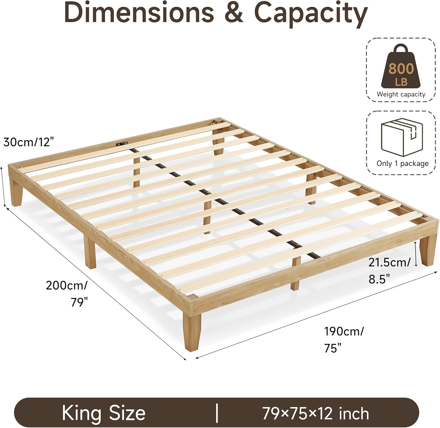 King Size Wood Platform Bed Frame – 12 Inch Height, Strong Solid Wooden Slat Support, No Box Spring Needed,Noise-Free Design, Underbed Storage, Easy to Assemble, Minimalist Design