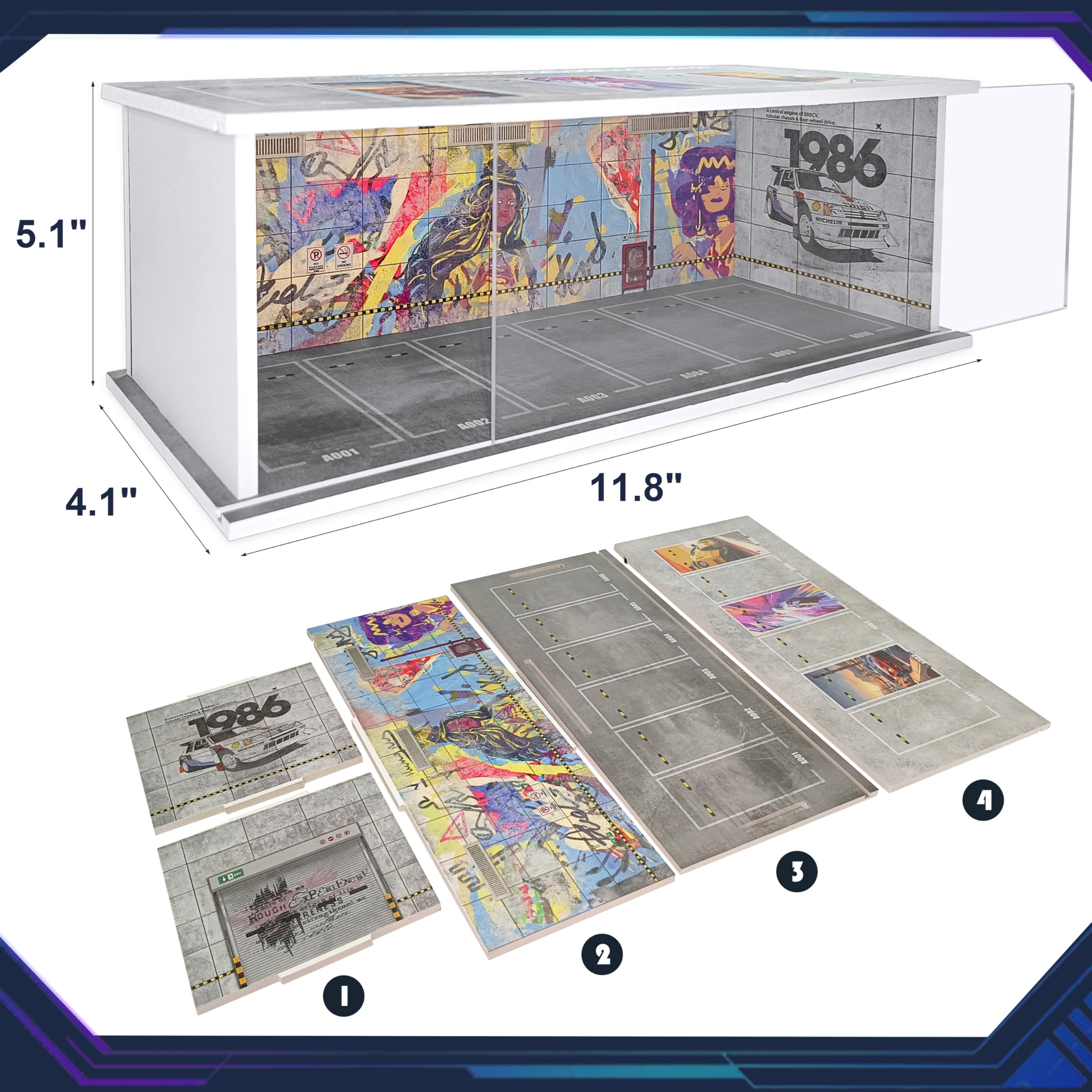 Saichotoy Vitrine pour Hot Wheels : garage de stationnement empilable pour boîte d'allumettes à l'échelle 1/64, rangement en mousse pour camions monstres avec lumière LED et couvercle acrylique, cri