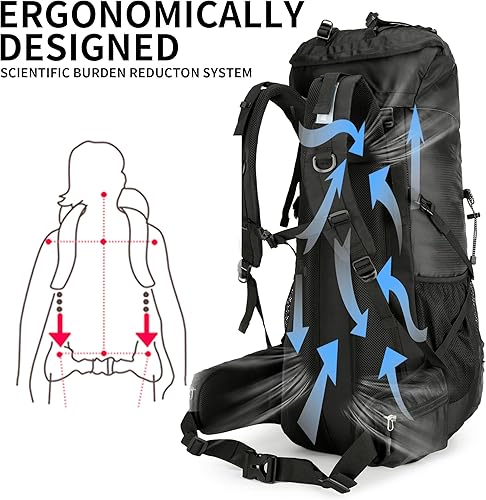 Miniatura 4 de Mochila de senderismo para hombres y mujeres, 70L+5L, impermeable, ligera, mochila de camping con cubierta de lluvia, sin marco (negro, b)
