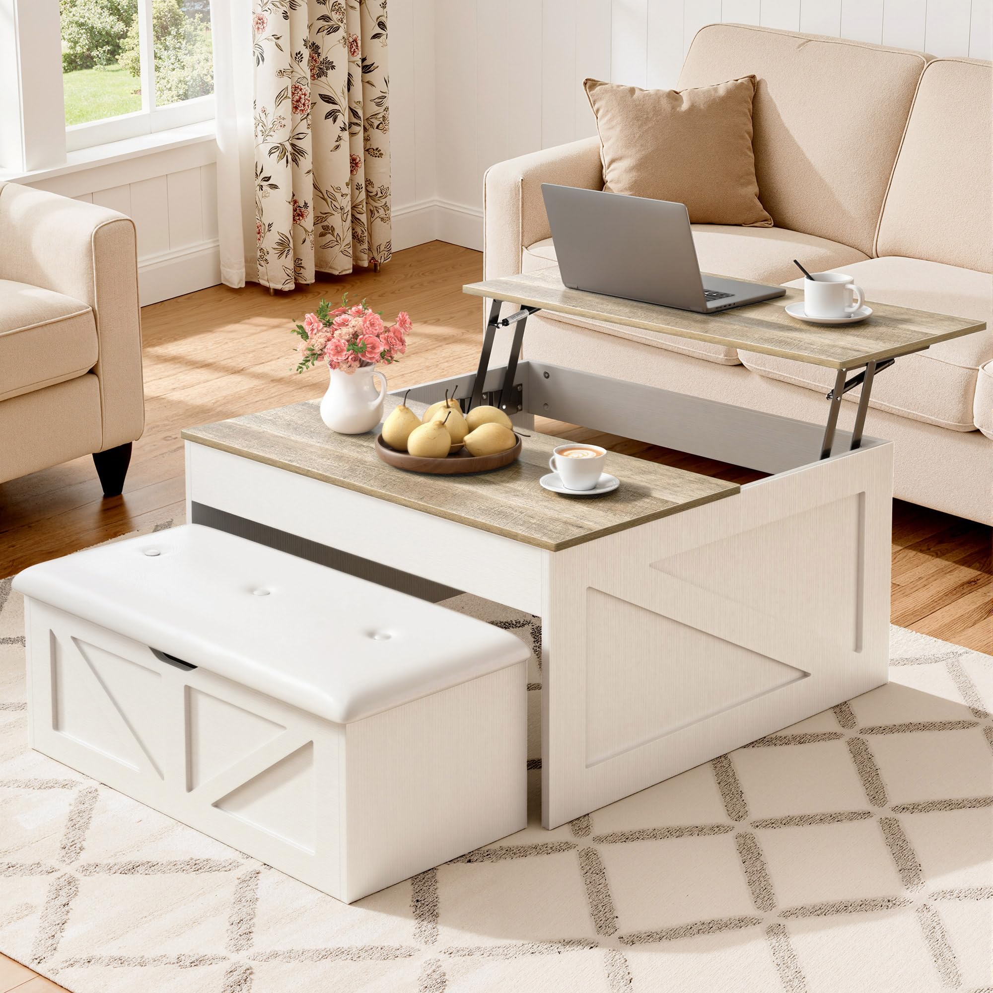 Couchtische mit Aufbewahrung versteckten Fach, Lift Top 31,5 Couchtische mit Bank, Mitteltisch mit Holz Lift Tischplatte für Wohnzimmer, weiß