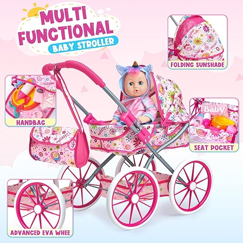 Miniatura 4 de Golray Juego de juguetes de muñeca de bebé de 12 pulgadas con cochecito para niñas de 3, 4, 5, 6 años, 26 piezas, babydoll con accesorios, almohada,