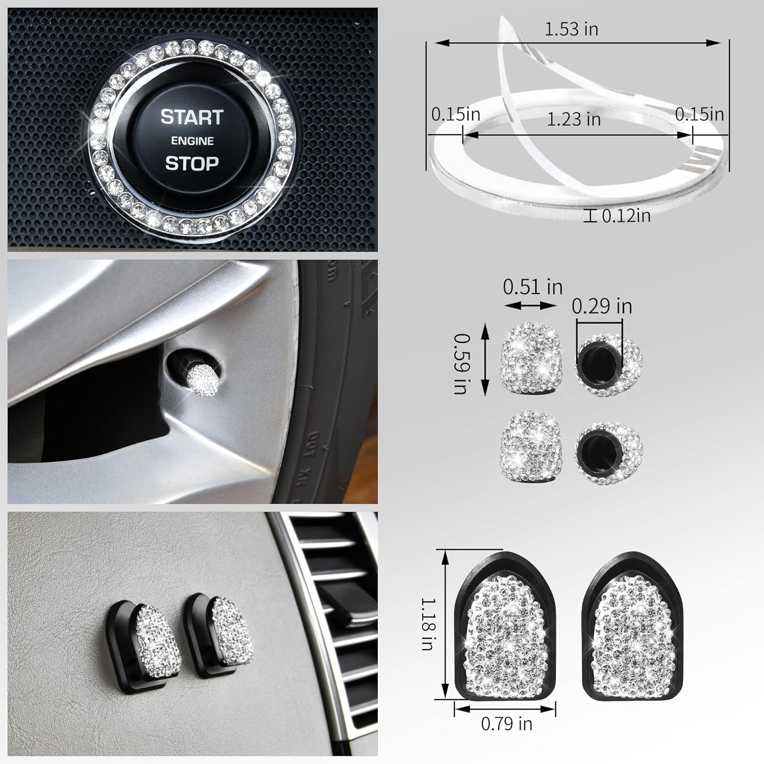 CAR PASS 30 PCS Bling Diamond Car Accessories Set for Women, Bling Steering Wheel Covers 15 Inch, Shining Rhinestone License Plate Frame, Sparkly Phone Holder, Cute Interior Set Decorations, Silver - Image 5