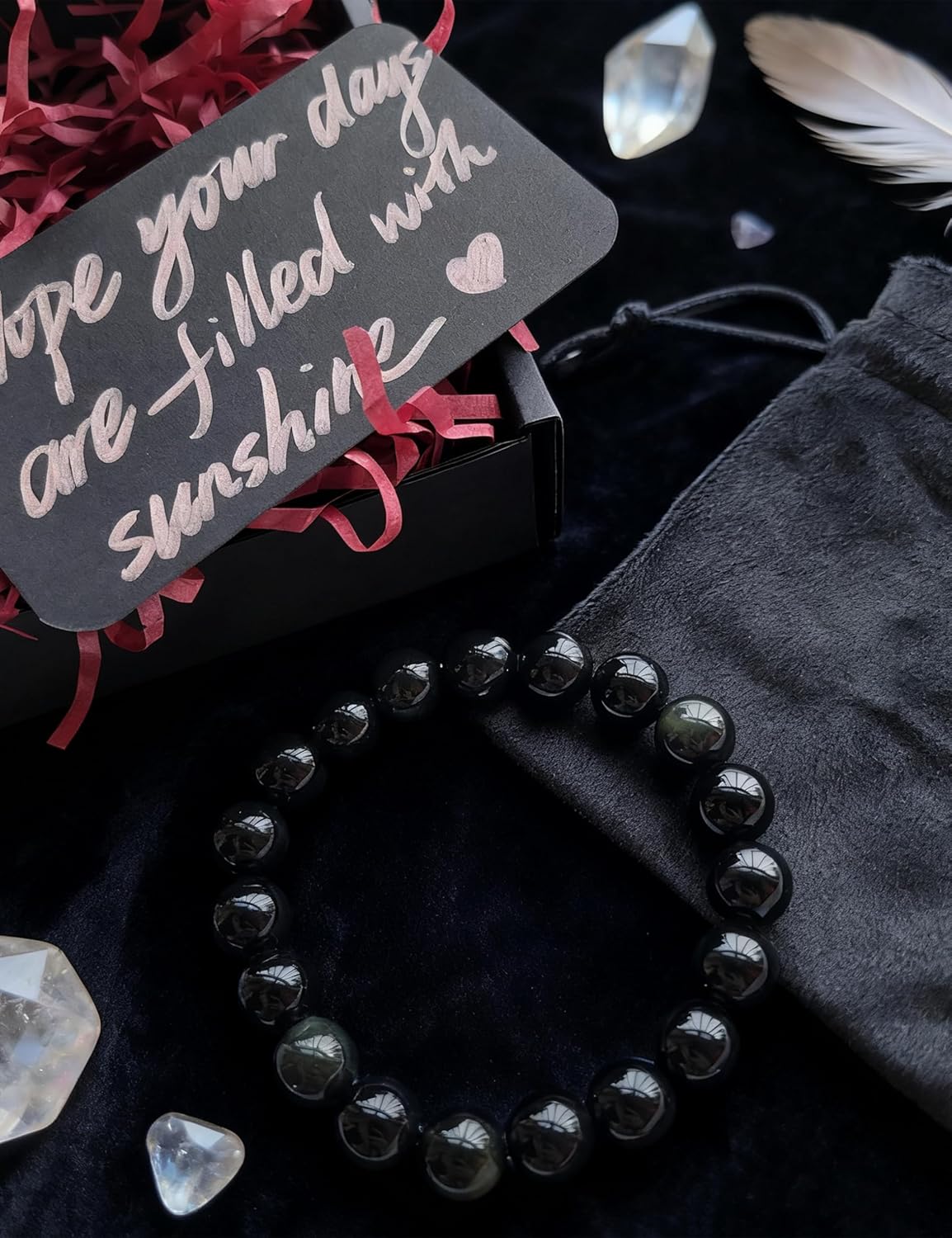 Silan's Natural Obsidian Bracelet with Lucky Card, Black Crystal Stretch Gift for Women, Elastic Adjustable Stone Jewelry - Image 2