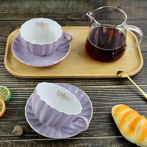 Miniatura 5 de YBK Tech Strength - Juego de té de porcelana, taza y platillo, abeja dorada dentro de la taza (morado)