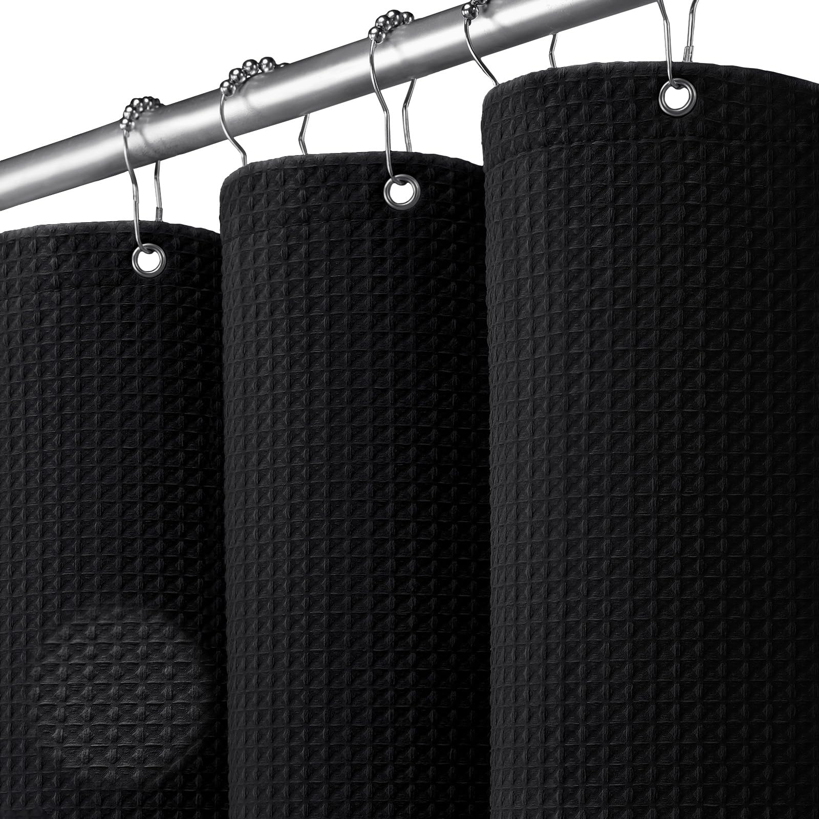 NDDYCU Black Waffle Shower Curtain, Weighted Waterproof Shower Curtain for Bathroom 183x183cm — image 1