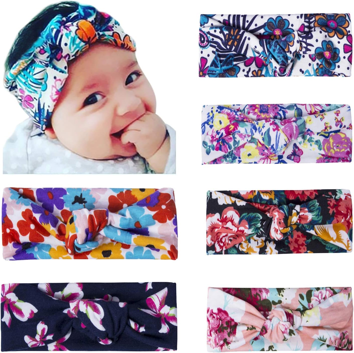 Fasker 6 Pack Baby Headbands Toddler Newborn Headband With Bows Turban Headwraps for Girls Infant Child Hair Accessories,(Multicolor 03)