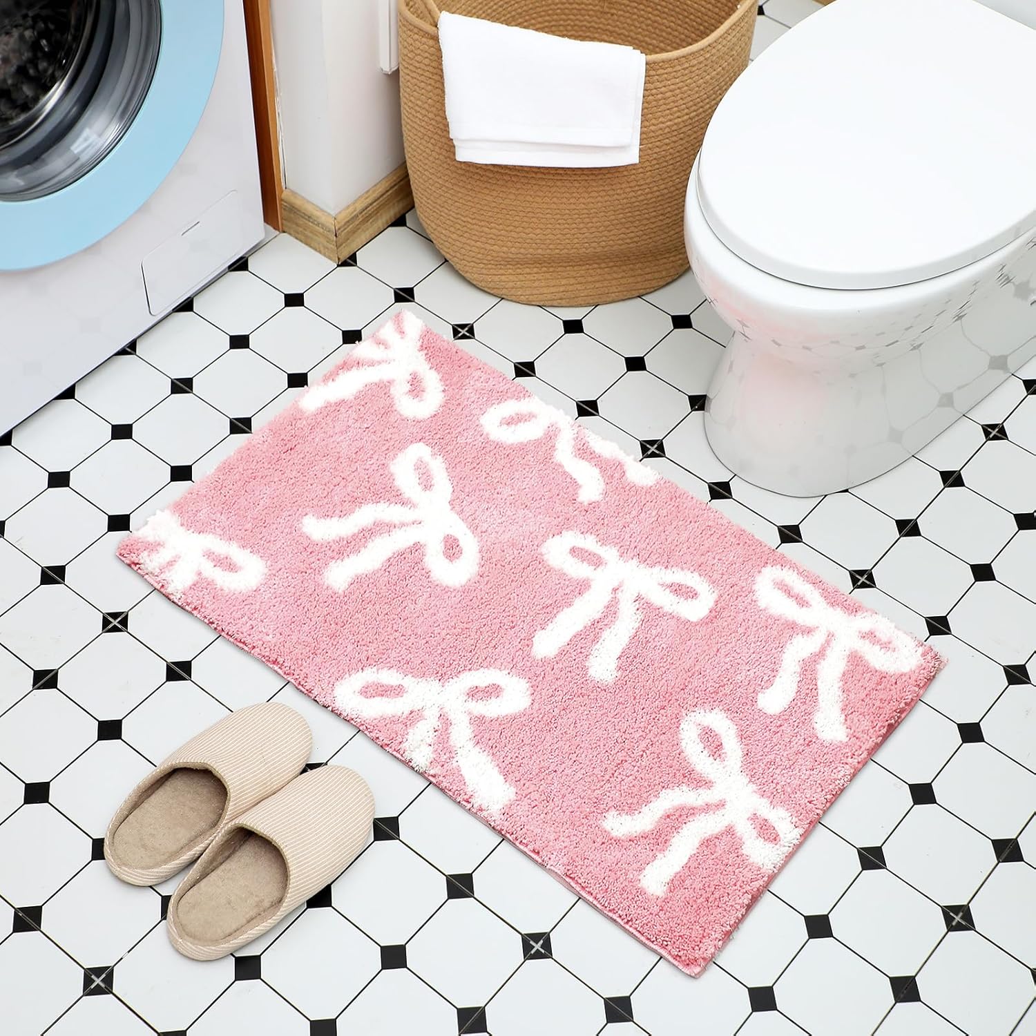 Tinideya Pink Bow Bathroom Rug 20 x 32 Inch Coquette Cute Bath Mat for Bathroom Non Slip Absorbent Bow Bath Mat for College Dorm Vanity Shower Bedroom Kitchen Bedroom Decor Valentine's Day Gifts