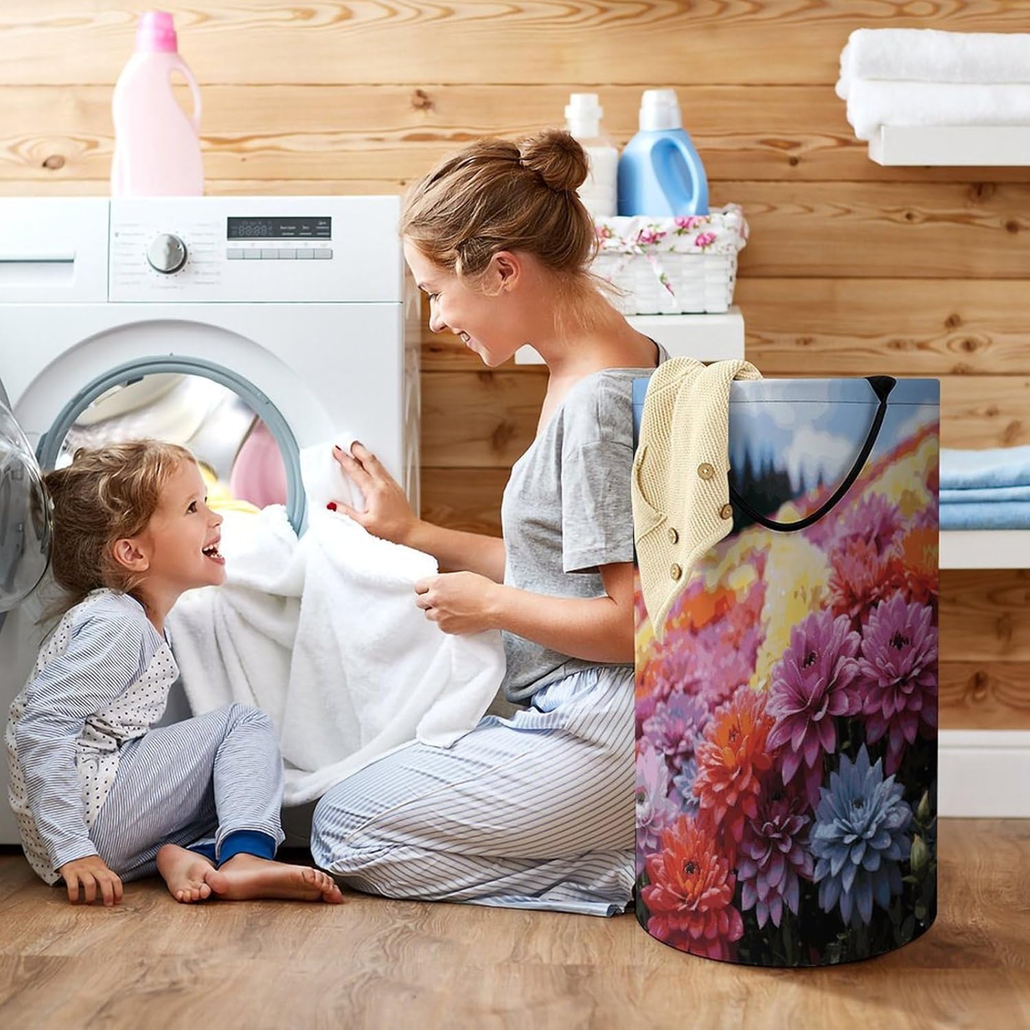 Rainbow Flower SeaLaundry Hamper - Large Dirty Clothes Bag.Storage Basket for Easy Carry Handles. Large Clothes Basket with Handles, Clothing Storage Bucket Toy Organizer for Bathroom Bedroom Dorm.