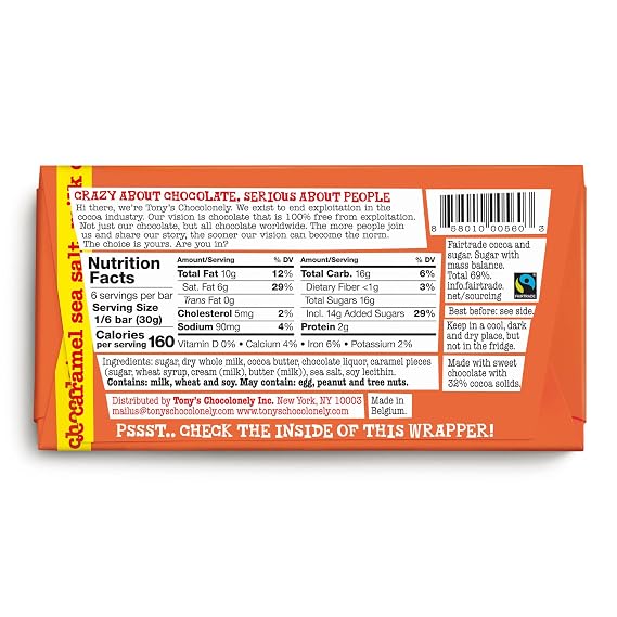 Tonys Chocolonely 32% Milk Chocolate Caramel Sea Salt Bars - Caramel Sea Salt Chocolate, Belgium Chocolate, No Artificial Flavoring, Fairtrade & B Corp Certified - 6.35 Oz, 15 Bars