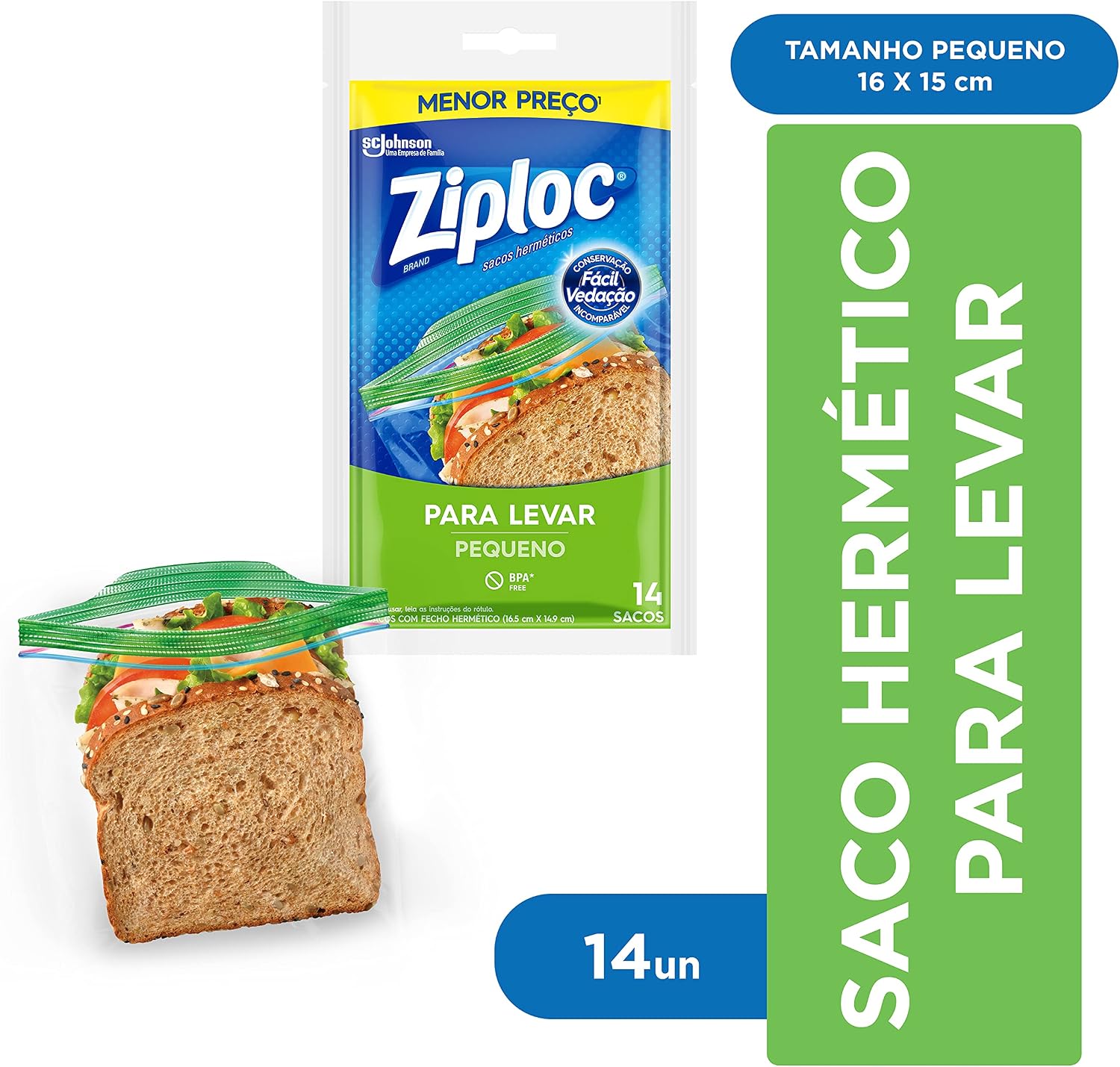 Ziploc Saco Hermético para Levar, Organizador, Tamanho Pequeno, 14 Unidades