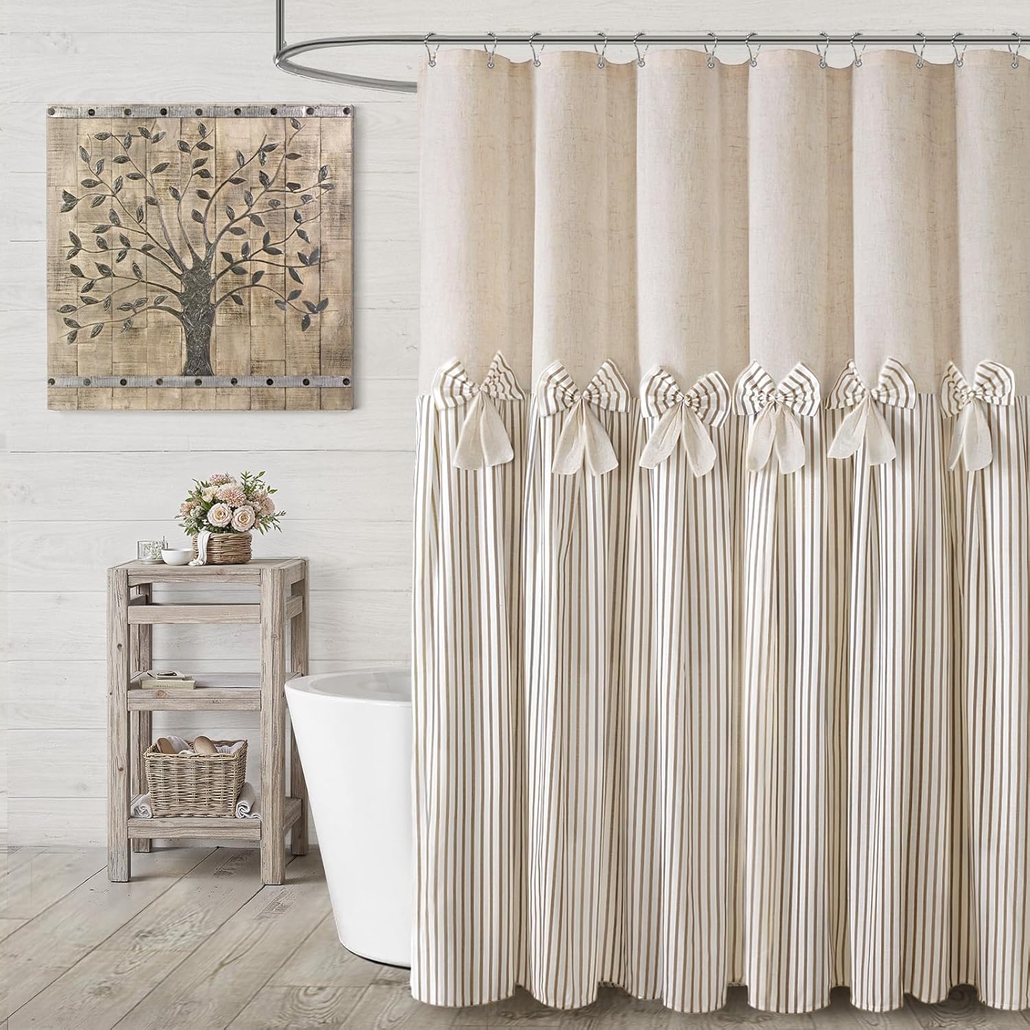 Farmhouse Shower Curtain Linen Beige Bow Woven Fabric Country Rustic Western, Pleated Beige Stripe 72" W x 90" L