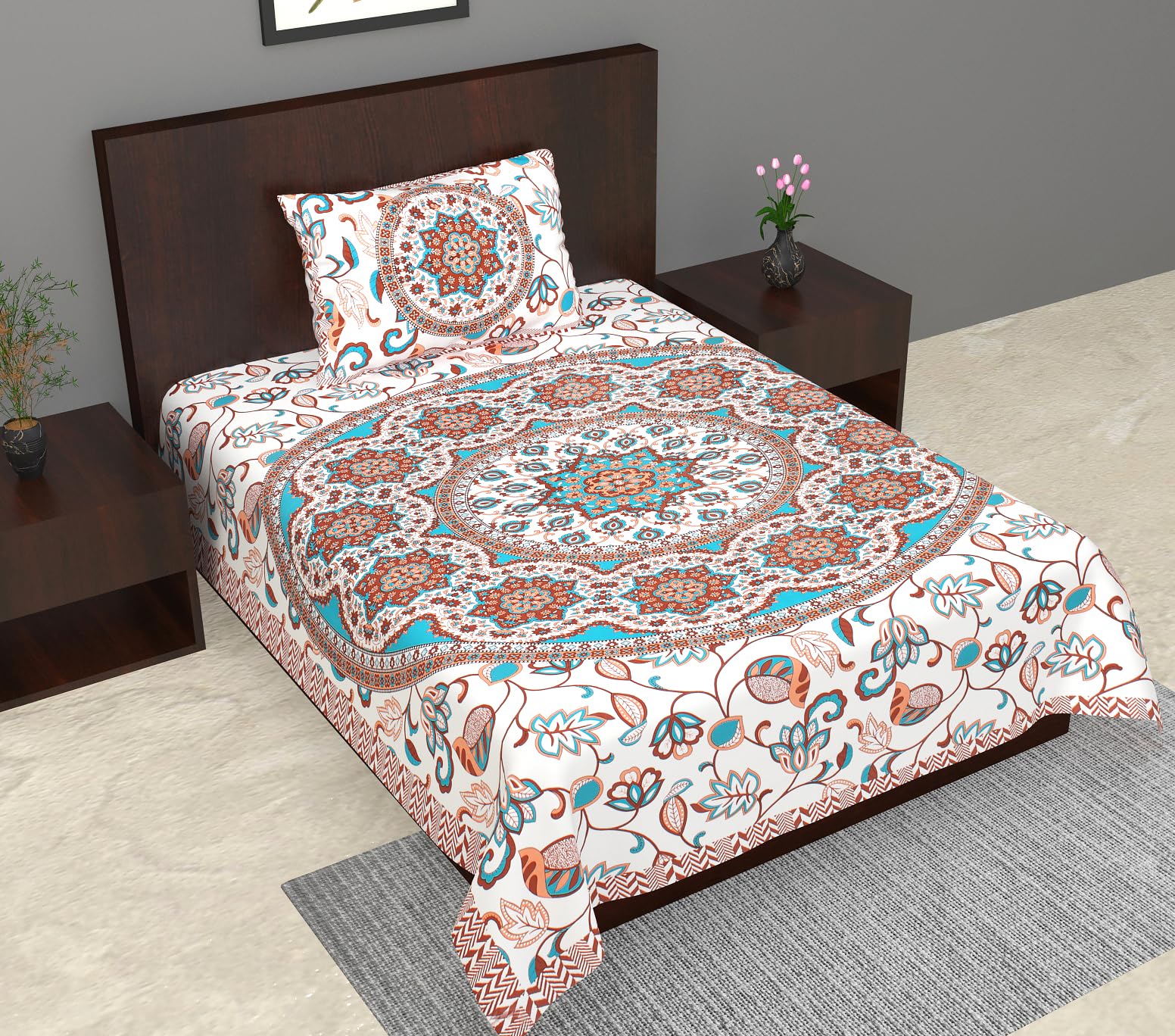 Salgia Cotton Single Bedsheet Set with One Pillow Cover Floral Print Soft Comfortable Summer Bedroom Use White 1 Single-image-6