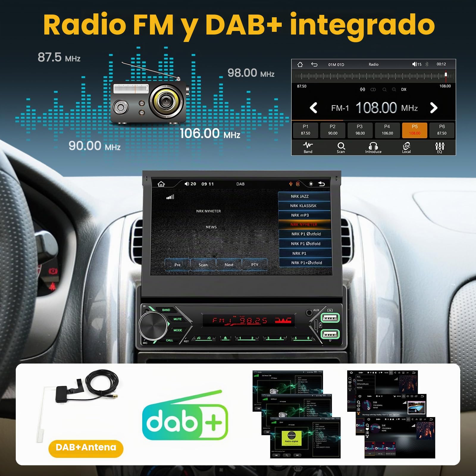 Hikity 1 DIN FM Dab/Dab+ Autorradio con Wireless Carplay Android Auto | HD 7 Pulgadas con Bluetooth Retroiluminación Multicolor Cámara de Marcha Atrás Grabador de Vídeo Digital EQ USB AUX