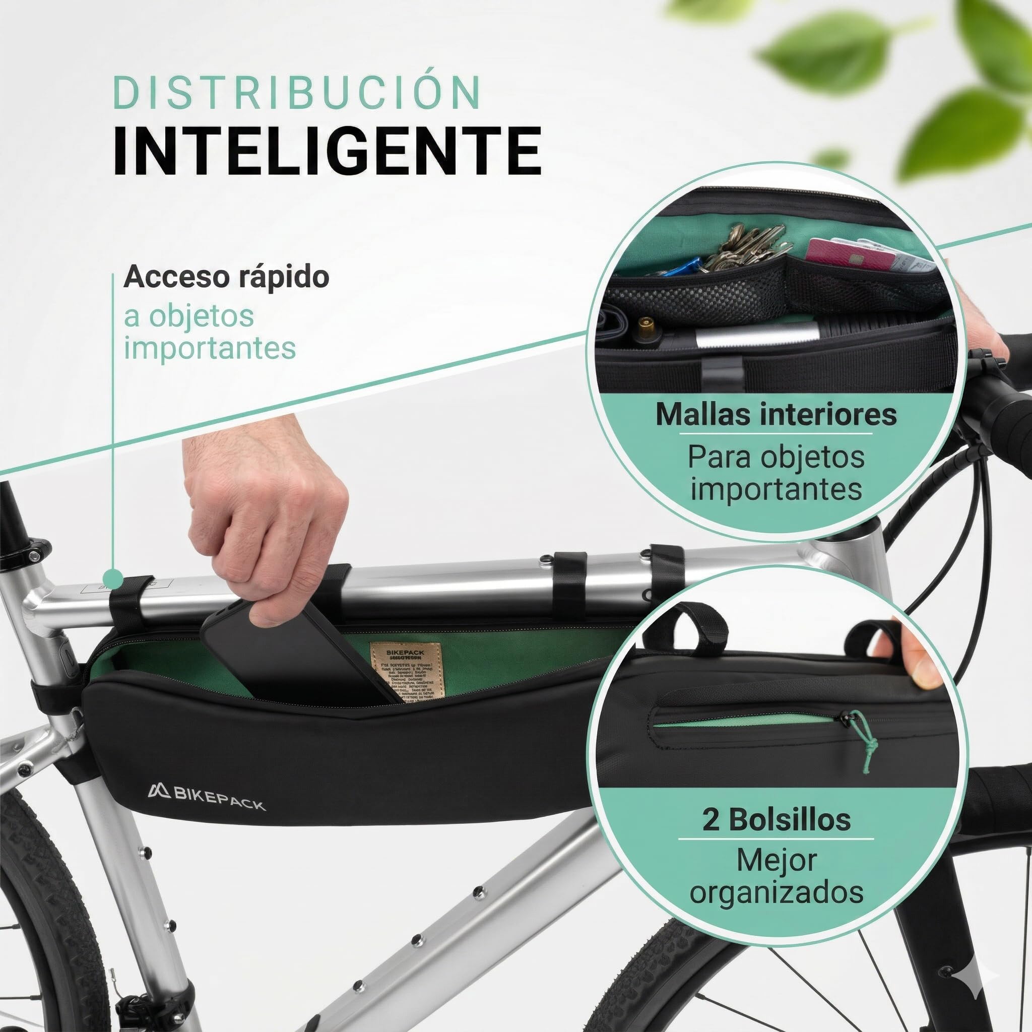 BIKEPACK Bolsa Cuadro Bicicleta 1,5L - Bikepacking Gravel Carretera MTB | Bolsa triangular con salida de cable y bolsillo para móvil, tejido repelente al agua, montaje fácil, accesorio ciclismo