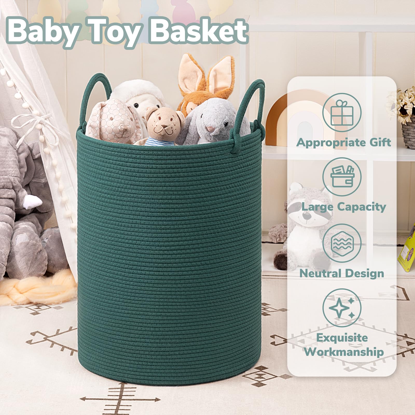 INDRESSME Large Laundry Basket Hamper for Clothes, Woven Rope Storage Baskets Baby Hamper for Nursery, Blanket Basket Living Room, Tall Baskets Toys Storage Toys Bin, 19.7 x 13.8 inches, Green