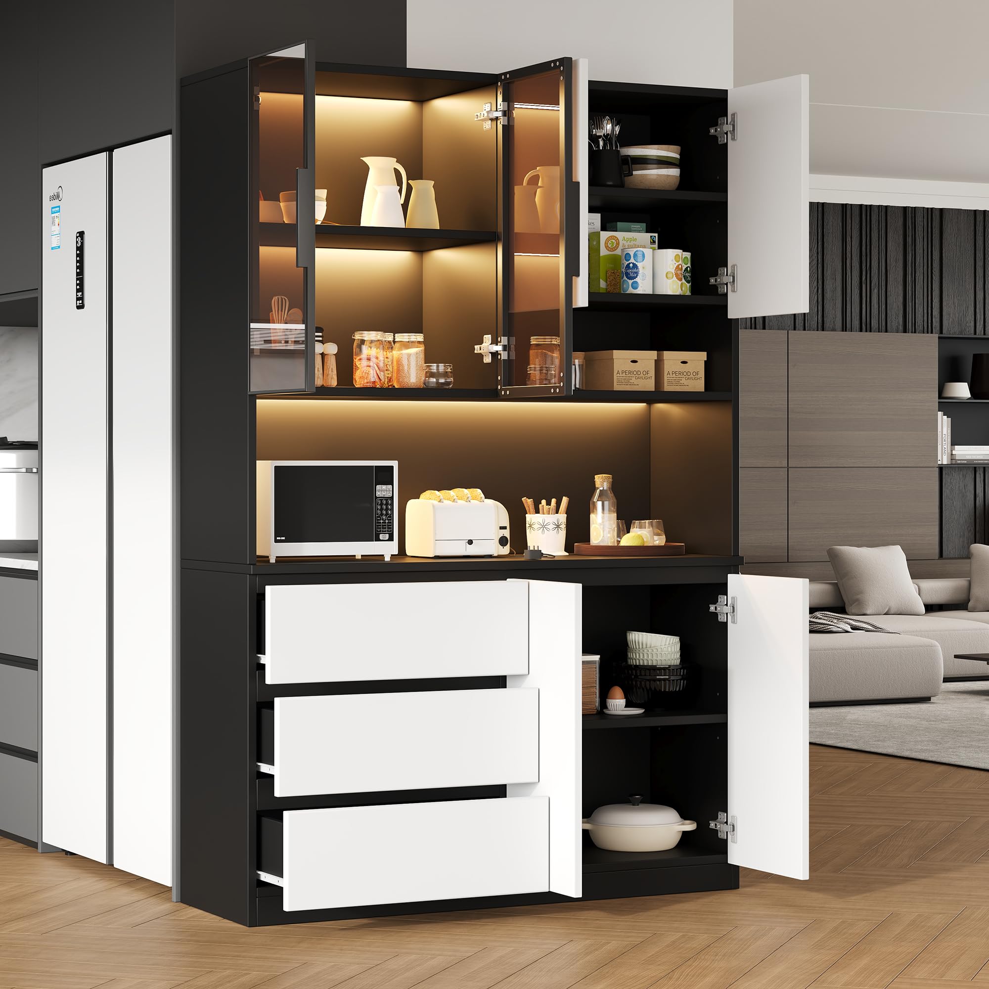 Armadi da cucina, vetrine da cucina, armadietti multifunzionali con 3 cassetti, 6 ante e ripiani per riporre stoviglie, forno a microonde, L 120,5 x P 40 x H 180 cm (bianco + nero)
