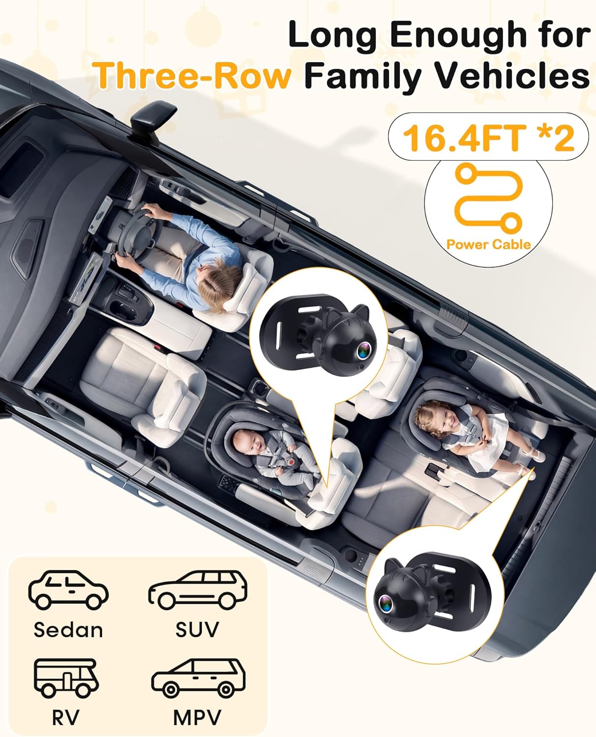 Dual Baby Car Camera: 6.8" 1080P Night Vision Monitor 2-Kids from Head to Toe at Once - USB Plug & Play Tool-Free Easy Setup for Two-Child Families on Daily Driving